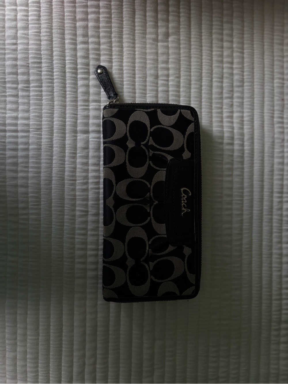 Coach Black and Gray Signature Zip Wallet